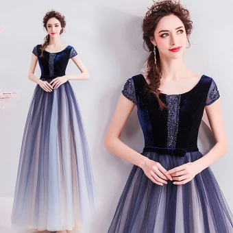 Elegante Donkerblauwe Avondjurken 2019 A Lijn Ronde Hals Suede Strik Kristal Rhinestone Korte Mouwen Ruglooze Lange Gelegenheid Jurken