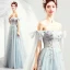 Elegant Sky Blue Prom Dresses 2019 A-Line / Princess Off-The-Shoulder Lace Flower Pearl Bow Sleeveless Backless Floor-Length / Long Formal Dresses