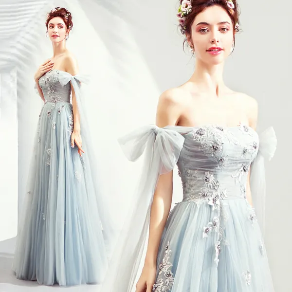 Elegant Sky Blue Prom Dresses 2019 A-Line / Princess Off-The-Shoulder Lace Flower Pearl Bow Sleeveless Backless Floor-Length / Long Formal Dresses