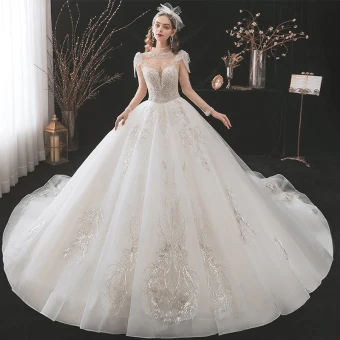 Charmant Fabuleux Ivoire Robe De Mariée 2021 Robe Boule Encolure Dégagée Perlage Faux Diamant En Dentelle Fleur Manches Longues Royal Train Mariage