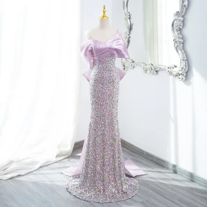 Sparkly Lavender Sequins Evening Dresses 2024 Trumpet Mermaid Spaghetti Straps Sleeveless Backless Bow Floor Length Long Evening Party Formal Dresses