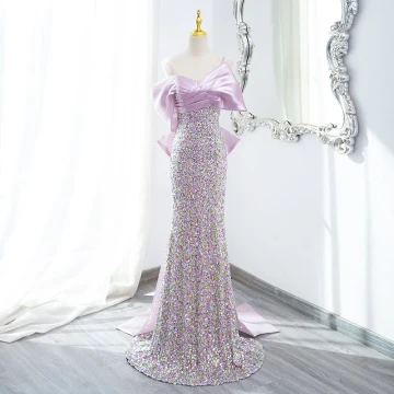Sparkly Lavender Sequins Evening Dresses 2024 Trumpet Mermaid Spaghetti Straps Sleeveless Backless Bow Floor Length Long Evening Party Formal Dresses