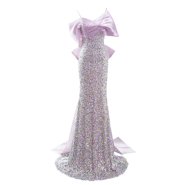 Scintillantes Lavande Paillettes Robe De Soirée 2024 Trompette / Sirène Bretelles Spaghetti Sans Manches Dos Nu Noeud Longue Soirée Robe De Ceremonie