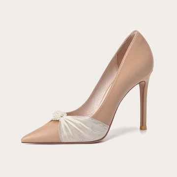 Elegante Beige Abend Perle Pumps 2021 Leder 10 Cm Stilettos Spitzschuh Pumps Hochhackige