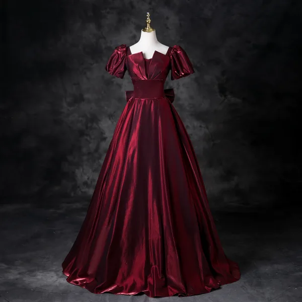 Vintage / Retro Burgundy Prom Dresses 2025 Ball Gown Square Neckline Puffy Short Sleeve Backless Bow Floor-Length / Long Prom Formal Dresses