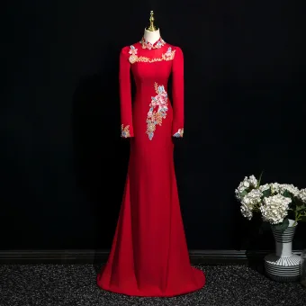 Vintage Originale Bordeaux Perlage Paillettes En Dentelle Fleur Robe De Soirée 2025 Trompette Sirène Col Haut Manches Longues Longue Soirée Robe De Ceremonie