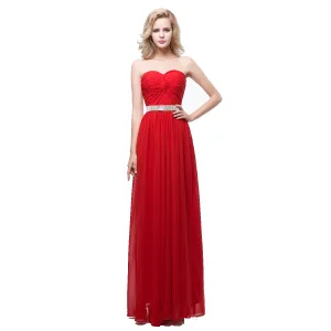 Enkel Rød Chiffon Selskapskjoler 2018 Empire Kjæreste Uten Ermer Rhinestone Sash Lange Buste Ryggløse Formelle Kjoler