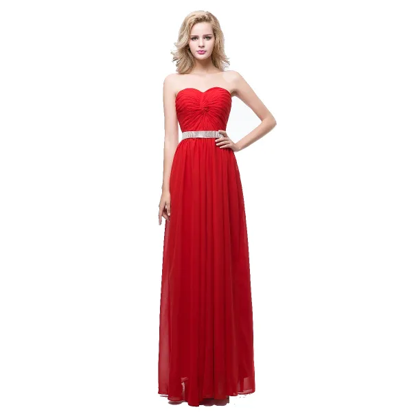 Enkel Rød Chiffon Selskapskjoler 2018 Empire Kjæreste Uten Ermer Rhinestone Sash Lange Buste Ryggløse Formelle Kjoler