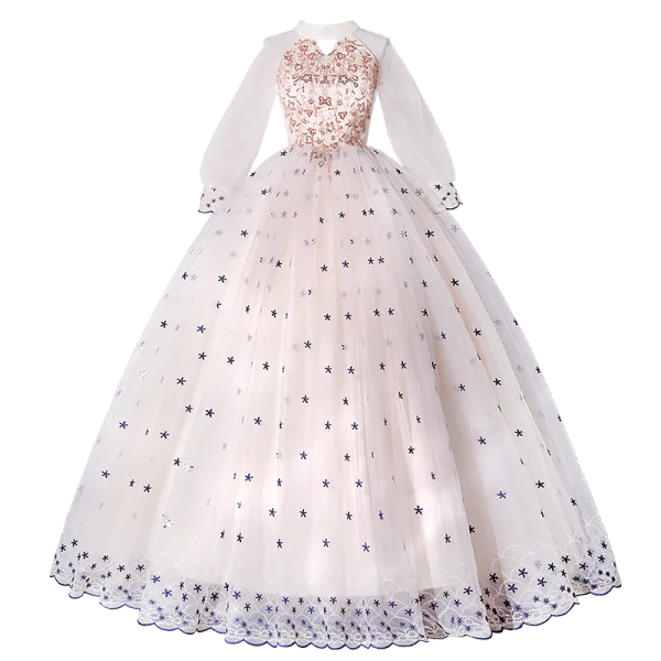 Élégant Champagne Robe De Bal 2022 Robe Boule Encolure Dégagée Étoile En Dentelle Perlage Perle Paillettes Manches Longues Longue Robe De Ceremonie