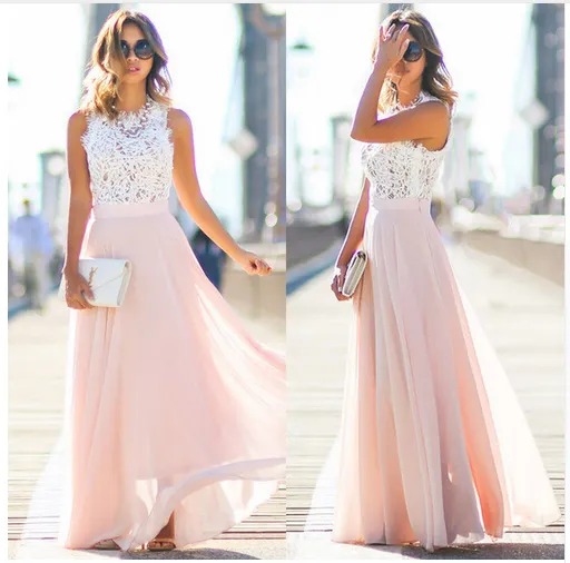 Charming Blushing Pink Summer Maxi Dresses 2018 A Line Princess Lace Pleated Scoop Neck