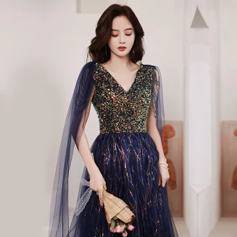 Sparkly Navy Blue Evening Dresses 2021 A Line Princess V Neck Beading Crystal Sequins Tassel Sleeveless Backless Floor Length Long Evening Party Formal Dresses
