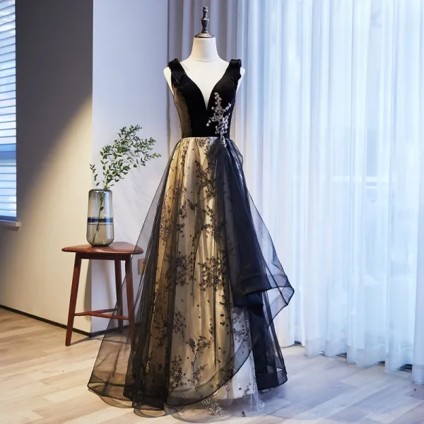 Elegant Black Prom Dresses 2021 A-Line / Princess V-Neck Beading Appliques Sleeveless Backless Floor-Length / Long Formal Dresses