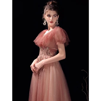 Charmant Watermelon Rouge Glitter Robe De Bal 2021 Princesse V Cou Perlage Faux Diamant Paillettes Manches Courtes Longue Promo Robe De Ceremonie