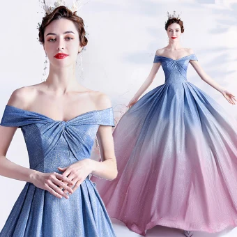 Mode Dégradé De Couleur Bleu Ciel Glitter Robe De Bal 2021 Princesse De L 039 Épaule Manches Courtes Dos Nu Noeud Longue Promo Robe De Ceremonie