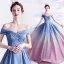 Fashion Gradient-Color Sky Blue Glitter Prom Dresses 2021 A-Line / Princess Off-The-Shoulder Short Sleeve Backless Bow Floor-Length / Long Prom Formal Dresses