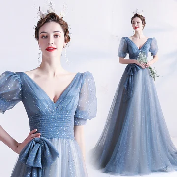 Chic Belle Bleu Ciel Paillettes Robe De Bal 2021 Princesse V Cou Manches Courtes Dos Nu Noeud Longue Promo Robe De Ceremonie