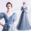 Chic / Belle Bleu Ciel Paillettes Robe De Bal 2021 Princesse V-Cou Manches Courtes Dos Nu Noeud Longue Promo Robe De Ceremonie