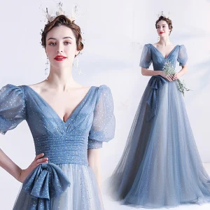 Hermoso Azul Cielo Lentejuelas Vestidos De Gala 2021 A Line Princess V Cuello Manga Corta Sin Espalda Bowknot Largos Gala Vestidos Formales