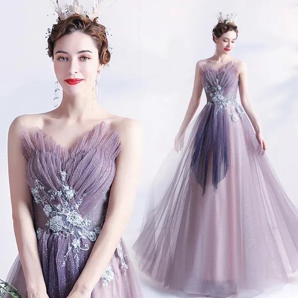 Fashion Lavender Prom Dresses 2021 A-Line / Princess Strapless Beading ...