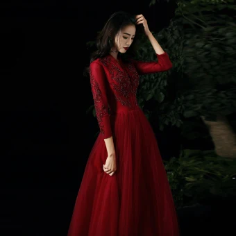 Charmant Rouge Robe De Soirée 2021 Princesse V Cou Perlage Paillettes En Dentelle Fleur 3 4 Manches Longue Soirée Robe De Ceremonie