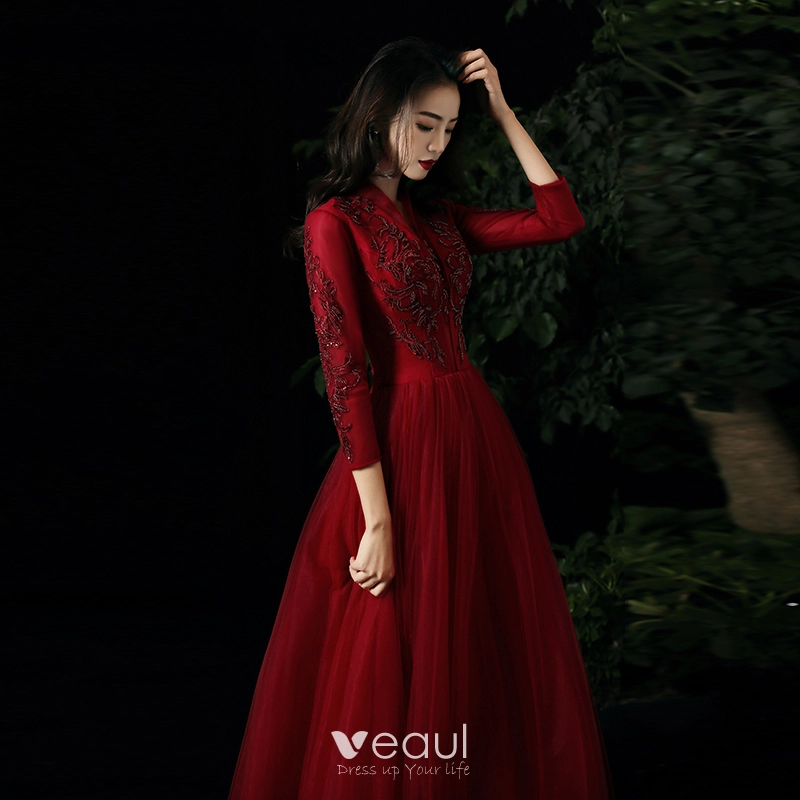 Lace V-neck Red Beading A-line Evening Dress Lace V-neck Red Beading A-line Evening Dress