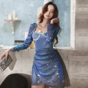 Sexy Océan Bleu Faux Diamant Paillettes Courte Robe De Soirée 2021 Princesse Encolure Carrée Manches Longues Dos Nu Soirée Robe De Ceremonie