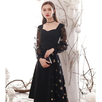 Chic Beautiful Black Homecoming Graduation Dresses 2021 A Line Princess Square Neckline Star Sequins Long Sleeve Tea Length Formal Dresses