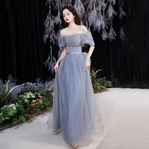 Simple Bleu Ciel Robe De Bal 2021 Princesse Encolure Carrée Manches Courtes Dos Nu Ceinture Longue Promo Robe De Ceremonie