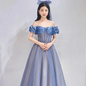Chic Belle Océan Bleu Robe De Bal 2021 Princesse Volants De L 039 Épaule Perlage Manches Courtes Dos Nu Longue Promo Robe De Ceremonie