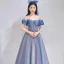 Chic / Beautiful Ocean Blue Prom Dresses 2021 A-Line / Princess Ruffle Off-The-Shoulder Beading Short Sleeve Backless Floor-Length / Long Prom Formal Dresses