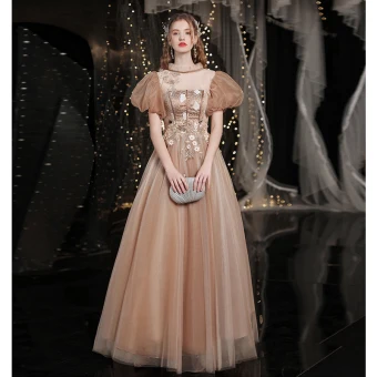 Vintage Originale Doré Robe De Bal 2021 Princesse Col Haut Perlage Appliques En Dentelle Fleur Manches Courtes Dos Nu Longue Promo Robe De Ceremonie