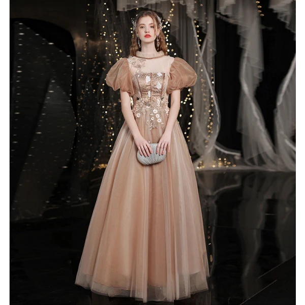 Vintage / Retro Gold Prom Dresses 2021 A-Line / Princess High Neck Beading  Appliques Lace Flower Short Sleeve Backless Floor-Length / Long Prom Formal  Dresses