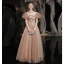 Vintage / Retro Gold Prom Dresses 2021 A-Line / Princess High Neck Beading Appliques Lace Flower Short Sleeve Backless Floor-Length / Long Prom Formal Dresses