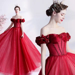 Vintage Originale Bordeaux Robe De Bal 2021 Princesse Volants De L 039 Épaule Perlage Cristal Faux Diamant Manches Courtes Dos Nu Longue Promo Robe De Ceremonie