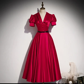 Vintage Retro Burgundy Prom Dresses 2021 A Line Princess Sash V Neck Satin Short Sleeve Backless Tea Length Prom Formal Dresses