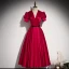 Vintage / Retro Burgundy Prom Dresses 2021 A-Line / Princess Sash V-Neck Satin Short Sleeve Backless Tea-length Prom Formal Dresses