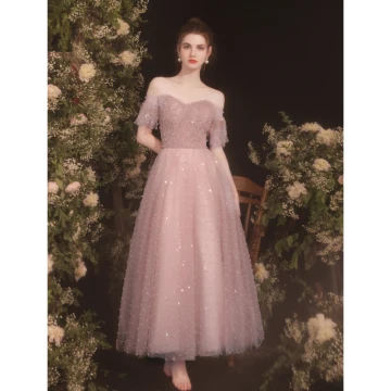 Chic Beautiful Dusky Pink Glitter Pearl Prom Dresses 2021 A Line Princess Off The Shoulder Short Sleeve Backless Tea Length Prom Formal Dresses