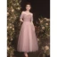 Chic / Beautiful Dusky Pink Glitter Pearl Prom Dresses 2021 A-Line / Princess Off-The-Shoulder Short Sleeve Backless Tea-length Prom Formal Dresses