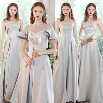 Simple Gris Satin Robe Demoiselle D Honneur 2021 Princesse Manches Courtes Dos Nu Longue Robe Pour Mariage