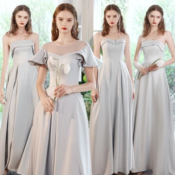 Modest Simple Grey Satin Bridesmaid Dresses 2021 A Line Princess Short Sleeve Backless Floor Length Long Wedding Party Dresses