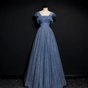 Mode Ocean Blå Glittriga Glitter Stjärnbeströdd Himmel Aftonklänningar Balklänningar 2021 Prinsessa Ruffle Fyrkantig Ringning Ärmlös Halterneck Långa Formella Klänningar