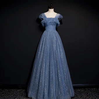 Mode Océan Bleu Glitter Ciel Étoilé Robe De Soirée Robe De Bal 2021 Princesse Volants Encolure Carrée Sans Manches Dos Nu Longue Robe De Ceremonie