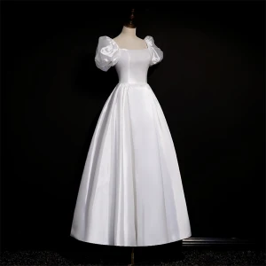 Vintage Retro Modest Simple Ivory Satin Wedding Dresses 2021 A Line Princess Square Neckline Short Sleeve Backless Tea Length Wedding