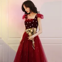 Vintage / Originale Rouge Perle Paillettes Robe De Bal 2021 Princesse Encolure Carrée Manches Courtes Dos Nu Longue Promo Robe De Ceremonie
