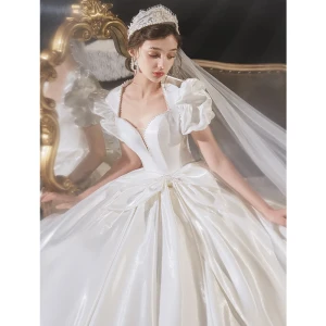 Vintage Retro Modest Simple Ivory Pearl Satin Wedding Dresses 2021 Ball Gown Square Neckline Short Sleeve Backless Bow Royal Train Wedding