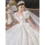Vintage / Originale Simple Ivoire Perle Satin Robe De Mariée 2021 Robe Boule Encolure Carrée Manches Courtes Dos Nu Noeud Royal Train Mariage