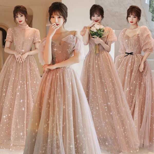 Fashion Champagne Bridesmaid Dresses 2021 A-Line / Princess Square Neckline Star Lace Sequins Bow Short Sleeve Backless Floor-Length / Long Bridesmaid Wedding Party Dresses