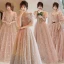 Fashion Champagne Bridesmaid Dresses 2021 A-Line / Princess Square Neckline Star Lace Sequins Bow Short Sleeve Backless Floor-Length / Long Bridesmaid Wedding Party Dresses