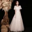 Elegant Champagne Lace Butterfly Prom Dresses 2021 A-Line / Princess Square Neckline Short Sleeve Backless Floor-Length / Long Prom Formal Dresses