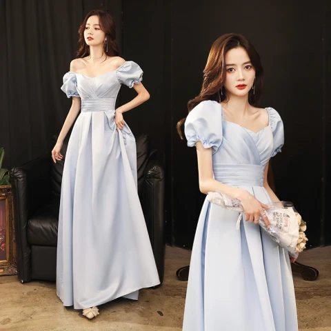 Vintage / Retro Sky Blue Prom Dresses 2021 A-Line / Princess Square Neckline Puffy Short Sleeve Backless Floor-Length / Long Prom Formal Dresses